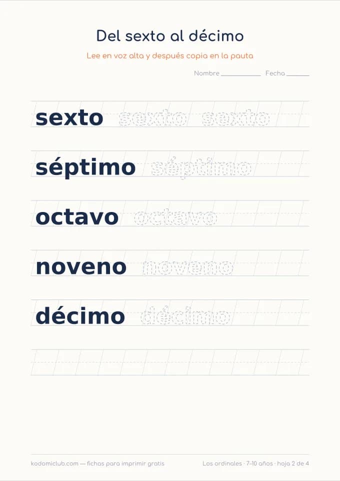 Escribir los números ordinales, hoja 2