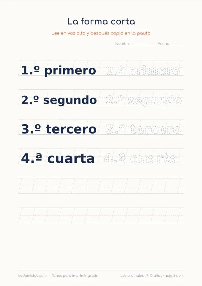 Escribir los números ordinales, hoja 3