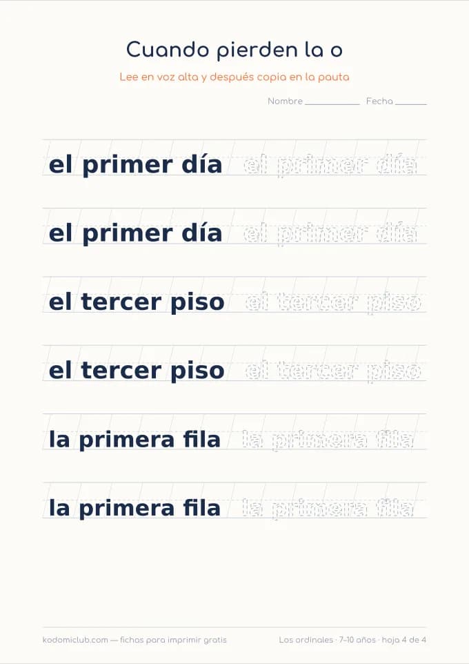 Escribir los números ordinales, hoja 4