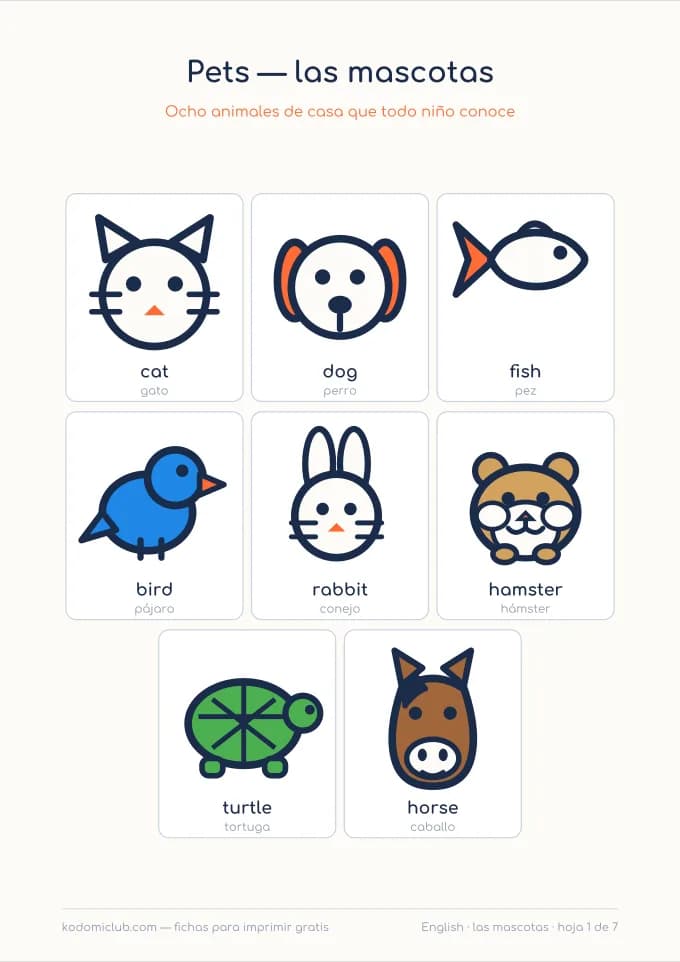 Los animales en inglés. Ficha para imprimir, 5–8 años