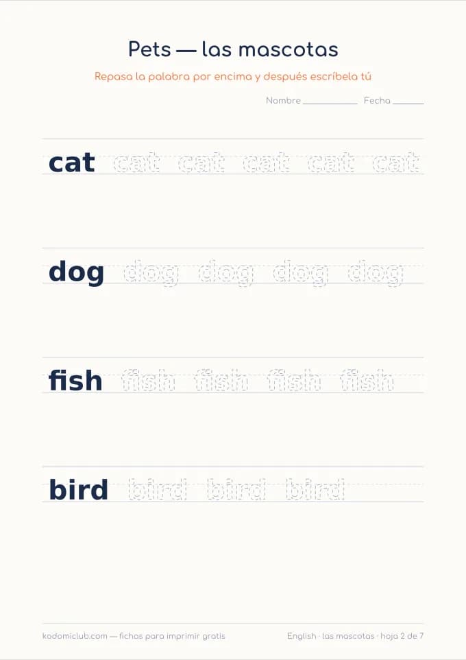 Los animales en inglés, hoja 2
