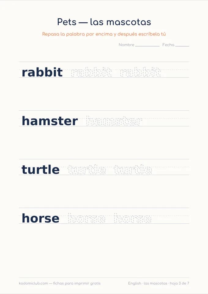 Los animales en inglés, hoja 3