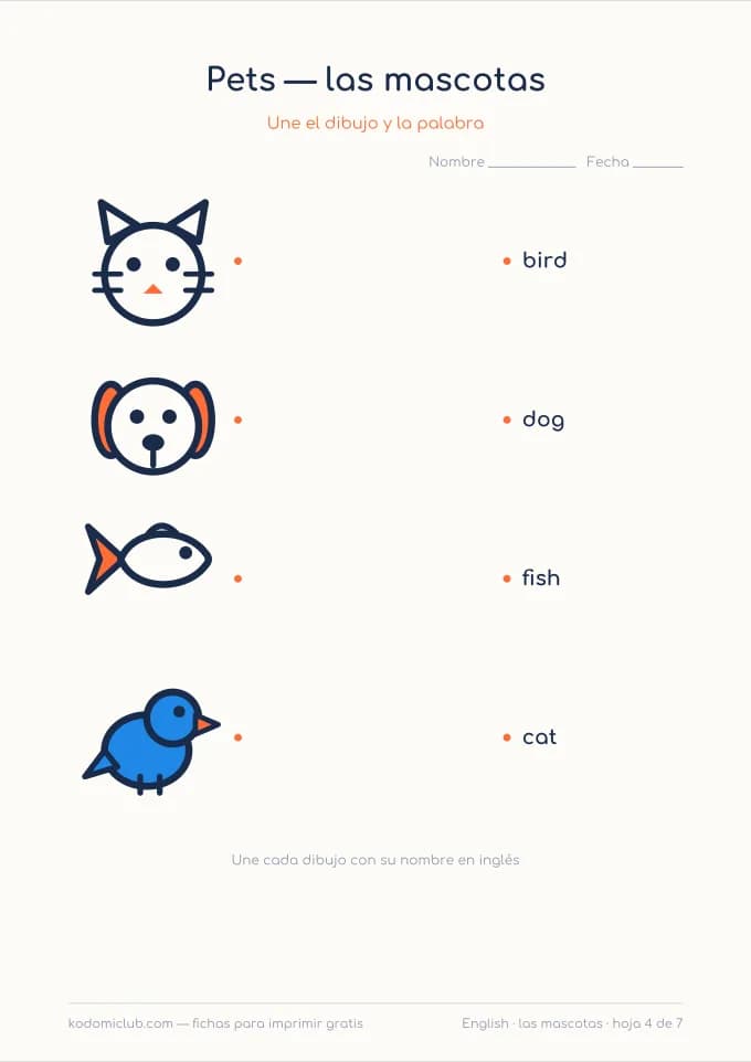 Los animales en inglés, hoja 4