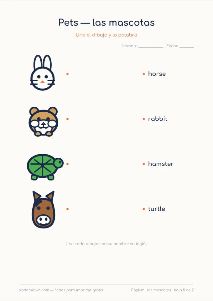 Los animales en inglés, hoja 5