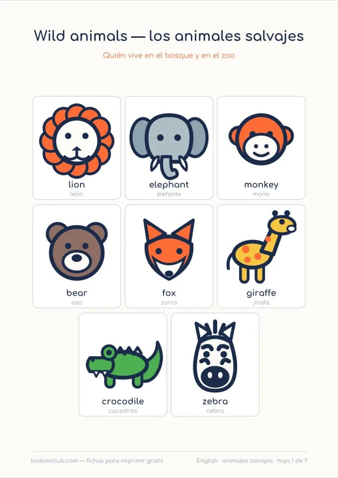 Los animales salvajes en inglés. Ficha para imprimir, 5–8 años