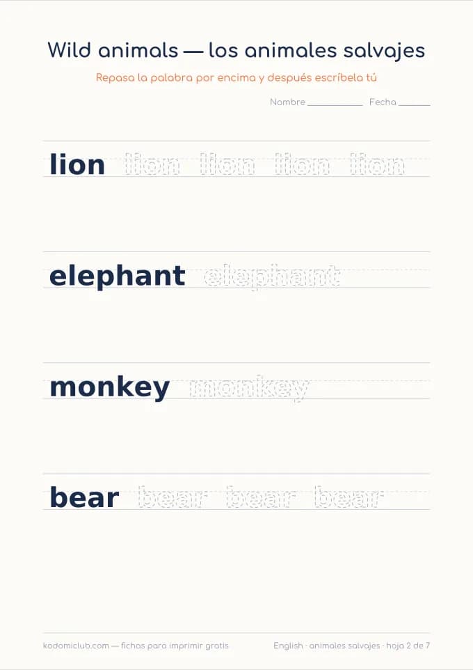 Los animales salvajes en inglés, hoja 2