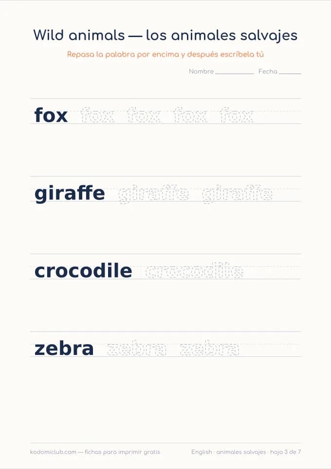 Los animales salvajes en inglés, hoja 3