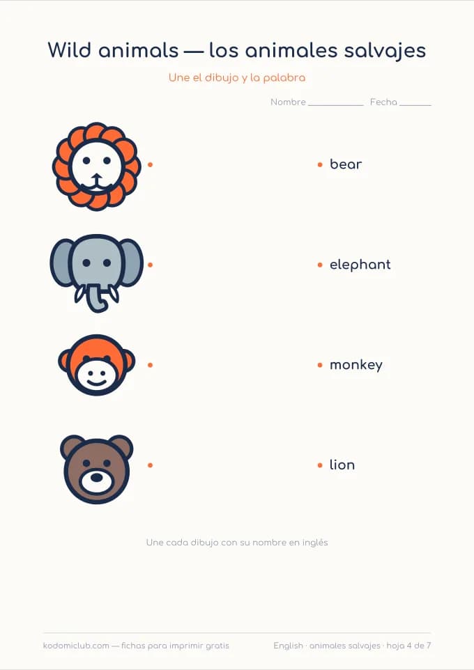 Los animales salvajes en inglés, hoja 4