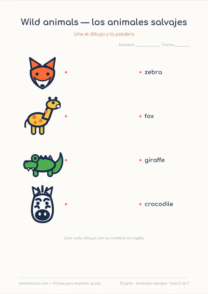 Los animales salvajes en inglés, hoja 5