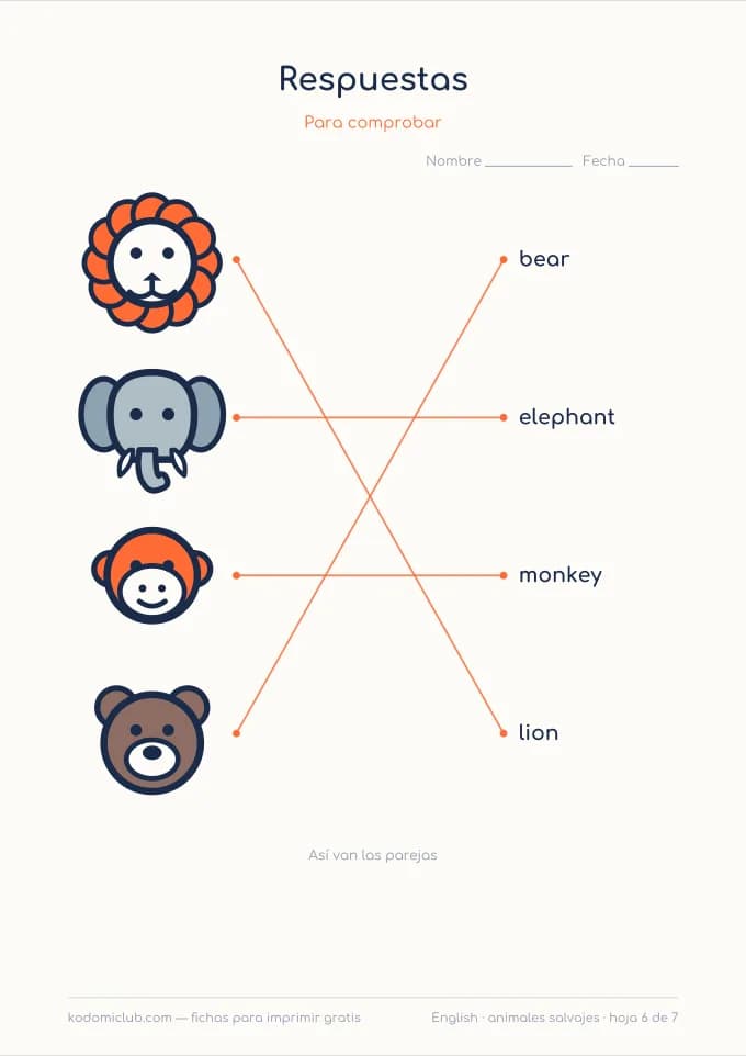 Los animales salvajes en inglés, hoja 6
