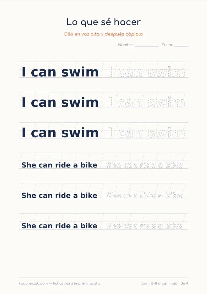 Can y can't. Ficha para imprimir, 8–11 años