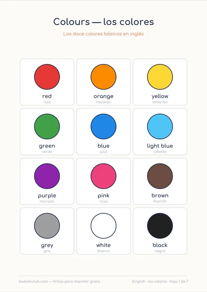 Los colores en inglés, hoja 1