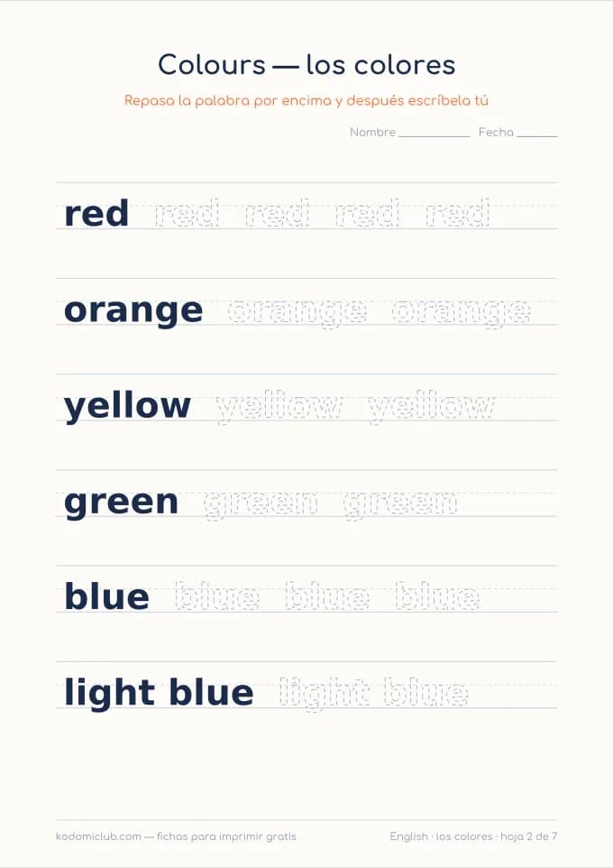 Los colores en inglés, hoja 2