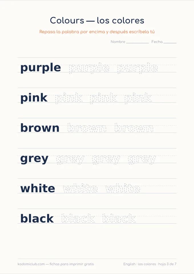 Los colores en inglés, hoja 3