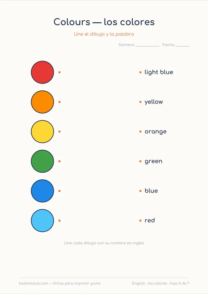 Los colores en inglés, hoja 4