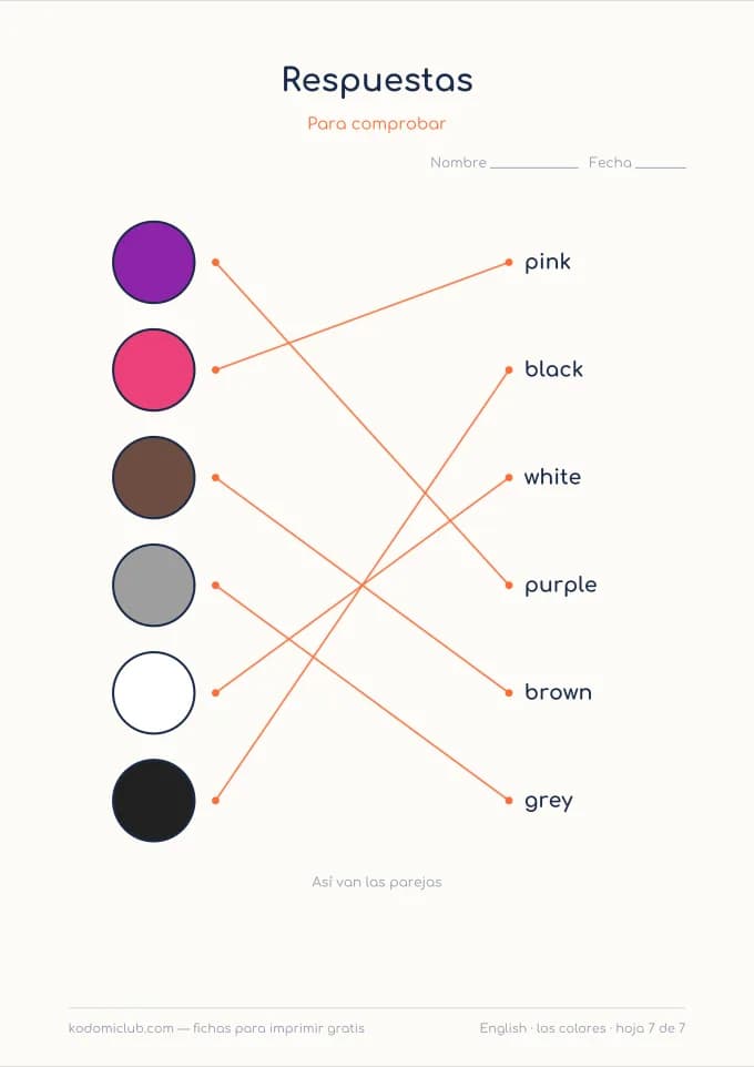 Los colores en inglés, hoja 7