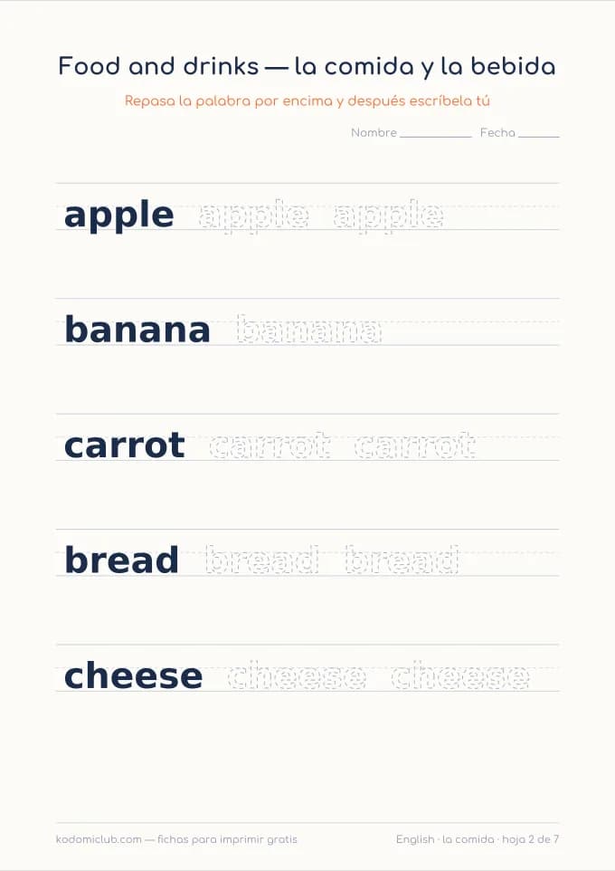 La comida en inglés, hoja 2