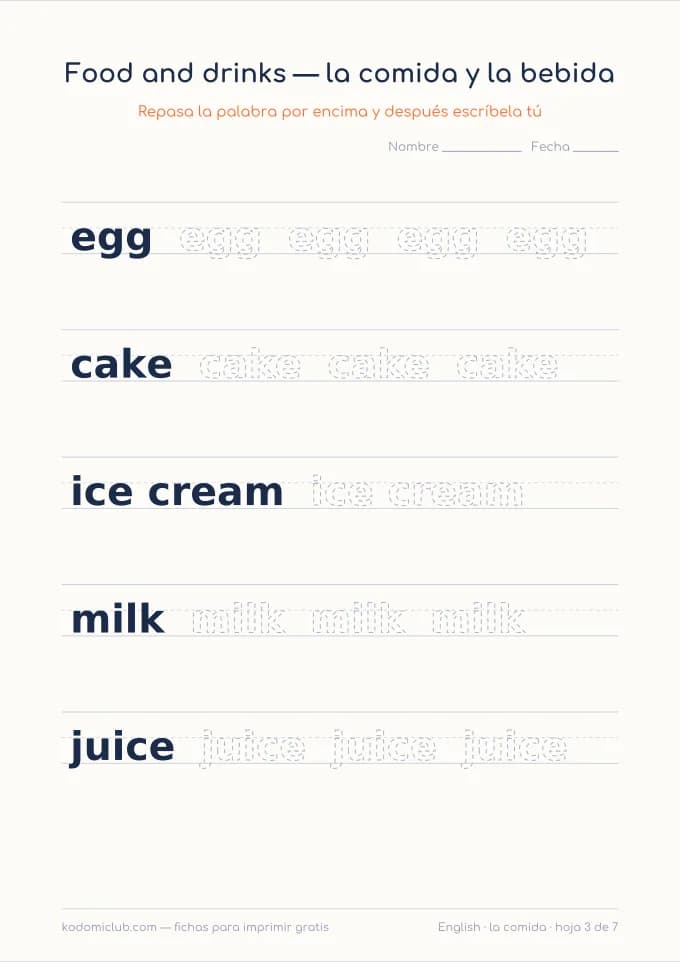 La comida en inglés, hoja 3