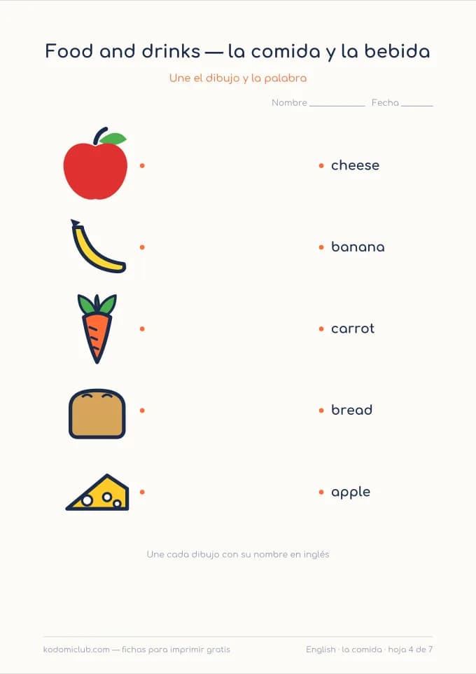 La comida en inglés, hoja 4