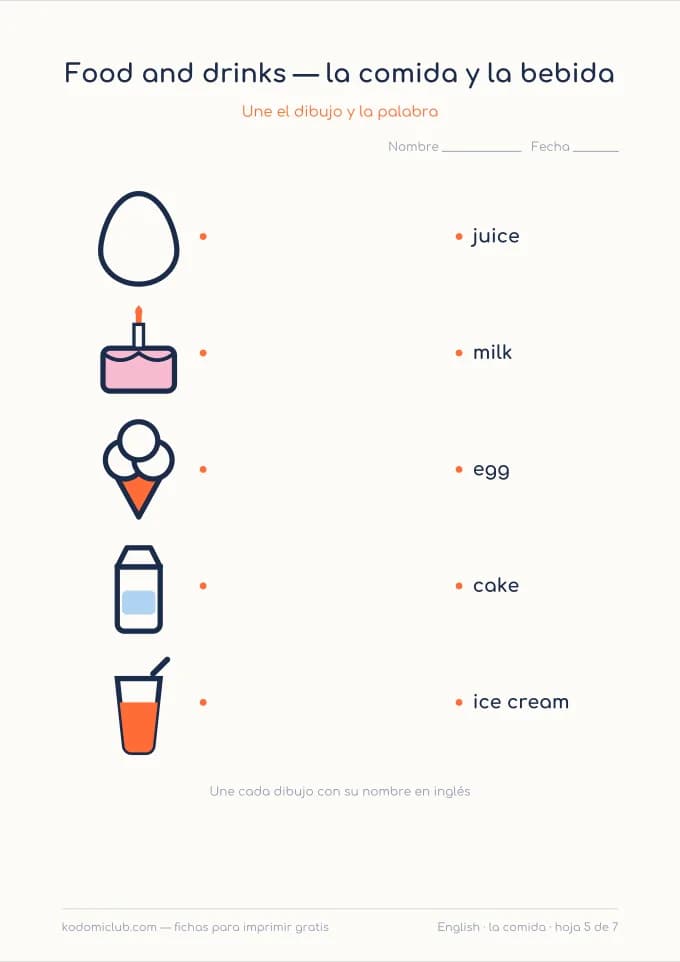 La comida en inglés, hoja 5