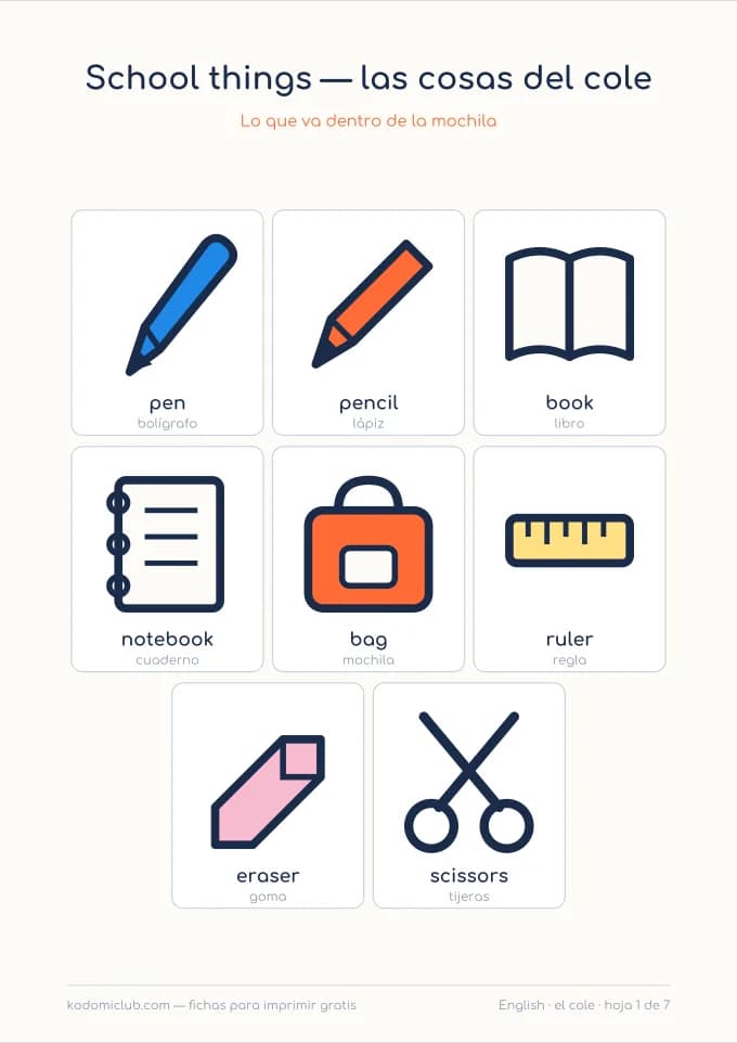 Las cosas del colegio en inglés. Ficha para imprimir, 5–8 años