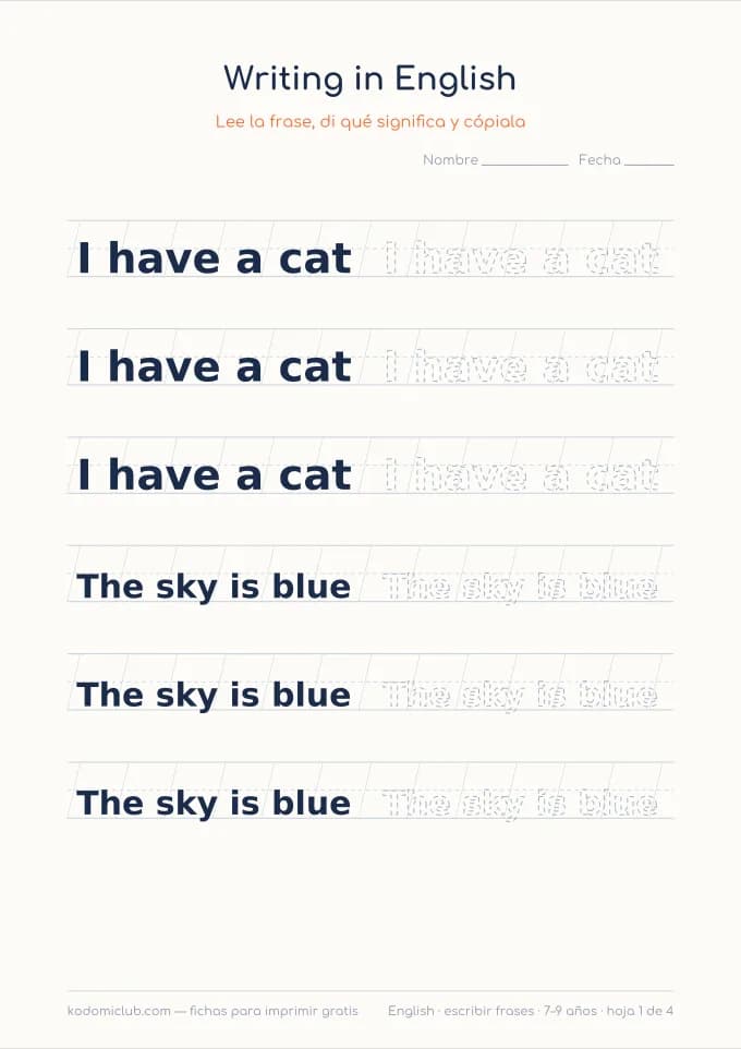 Escribir frases en inglés. Ficha para imprimir, 7–9 años