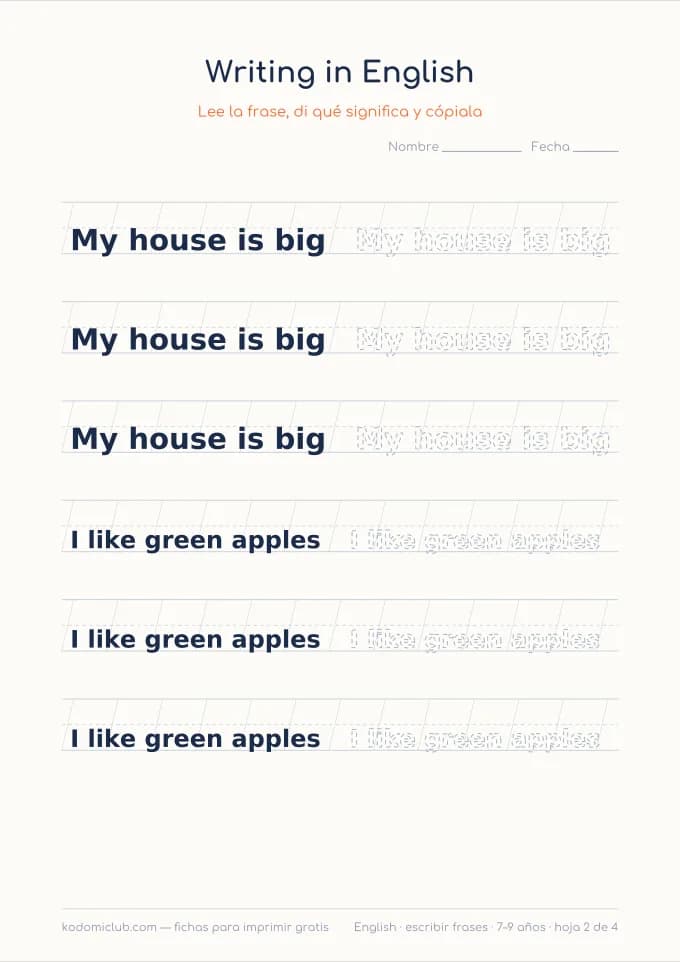 Escribir frases en inglés, hoja 2