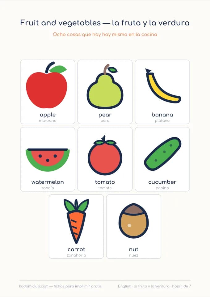 La fruta y la verdura en inglés, hoja 1