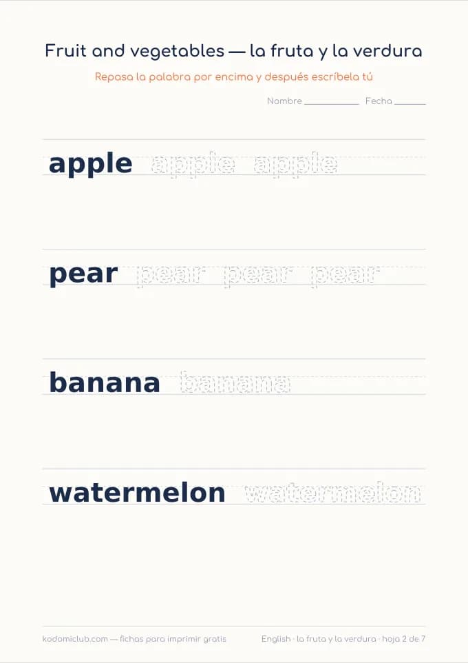 La fruta y la verdura en inglés, hoja 2