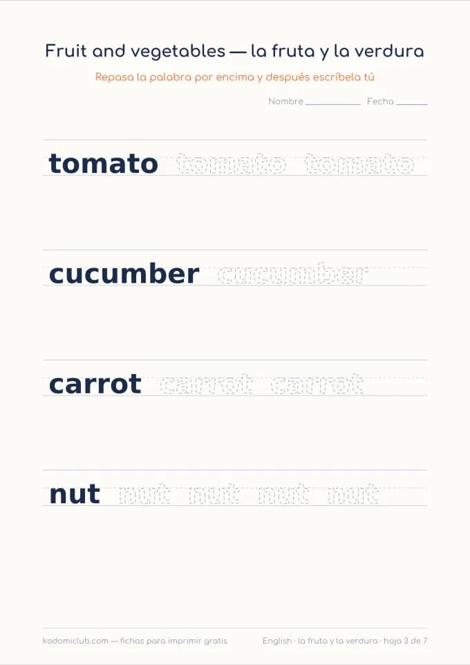 La fruta y la verdura en inglés, hoja 3