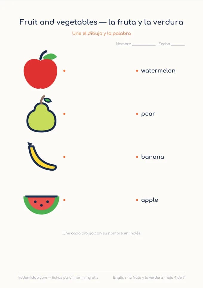 La fruta y la verdura en inglés, hoja 4