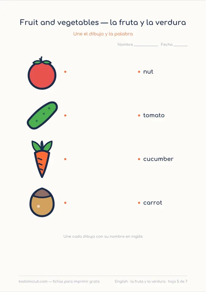La fruta y la verdura en inglés, hoja 5