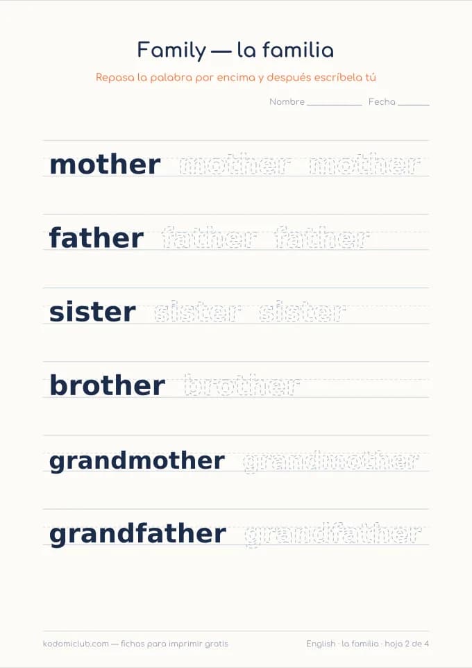 La familia en inglés, hoja 2
