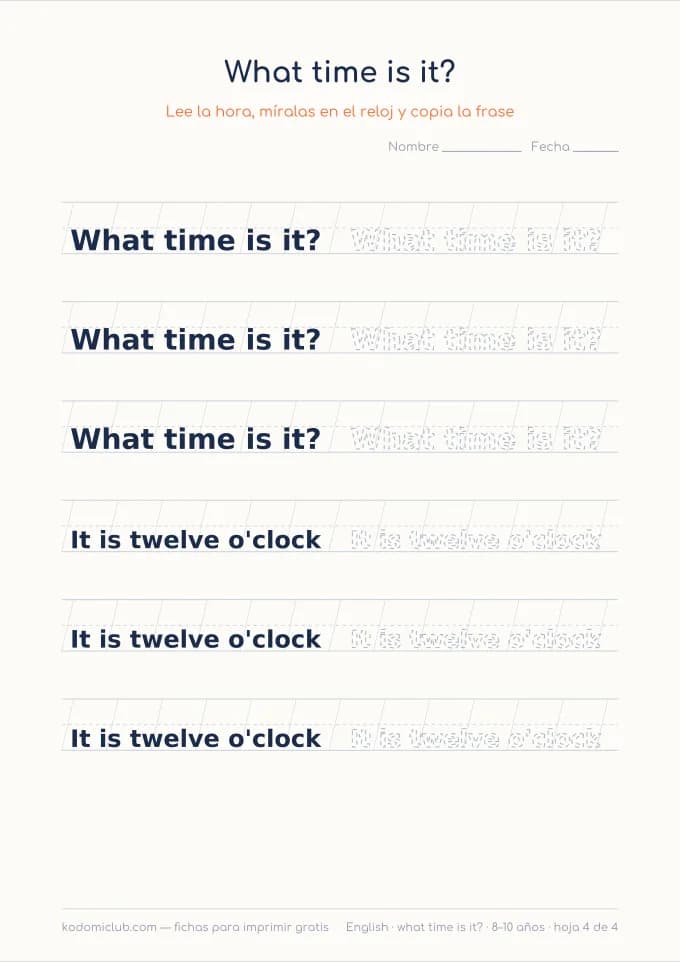 La hora en inglés, hoja 4