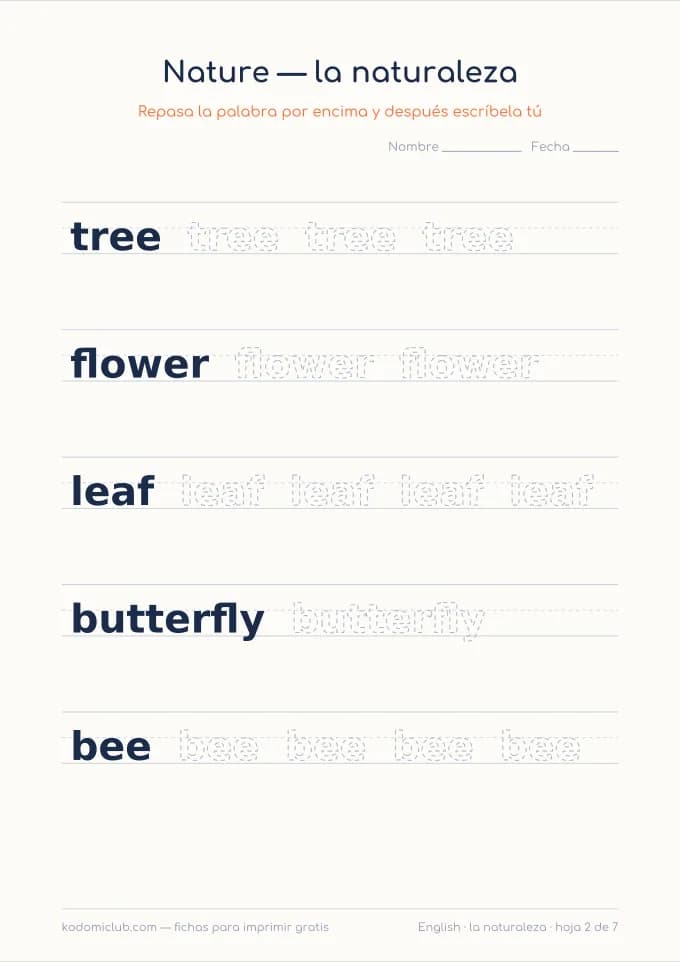 La naturaleza en inglés, hoja 2