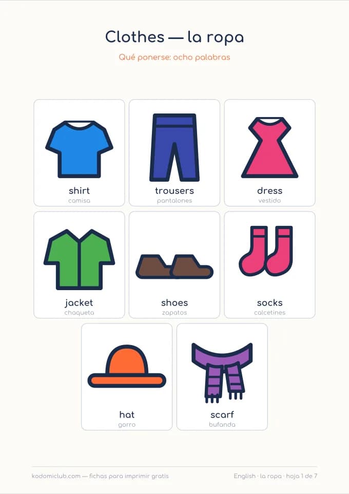 La ropa en inglés. Ficha para imprimir, 5–8 años