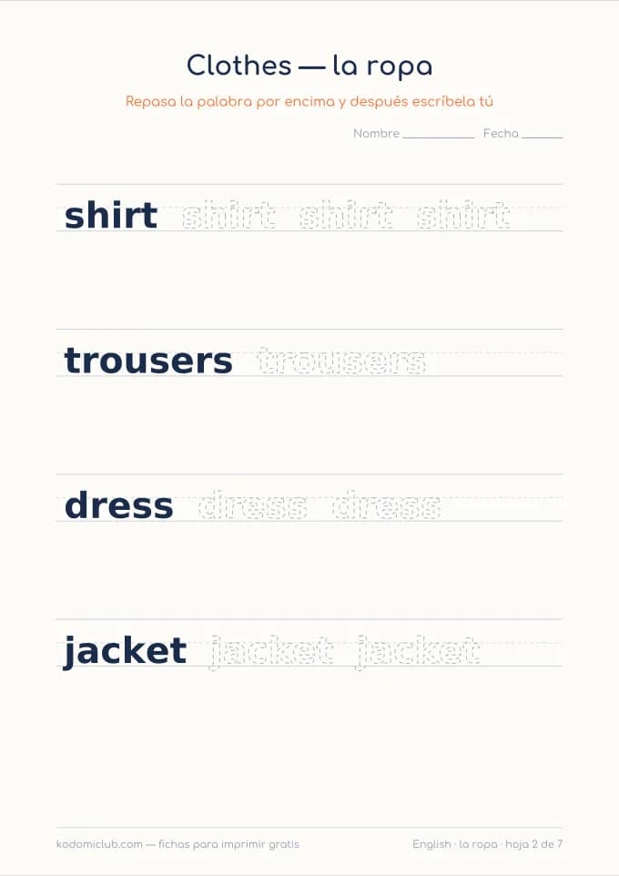 La ropa en inglés, hoja 2