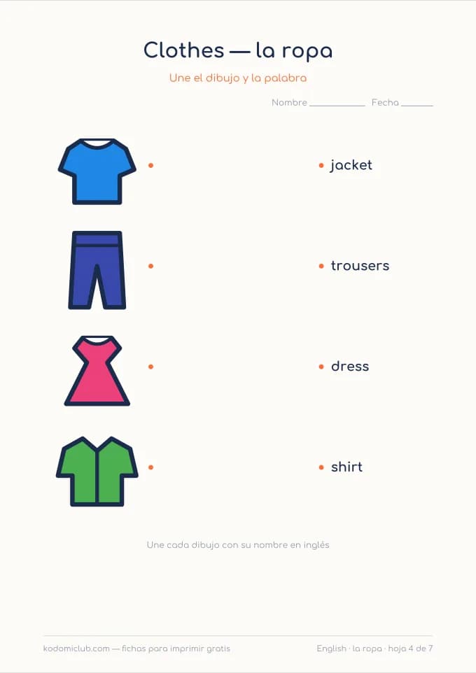 La ropa en inglés, hoja 4
