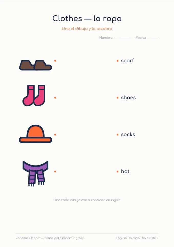 La ropa en inglés, hoja 5