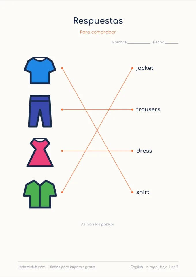 La ropa en inglés, hoja 6