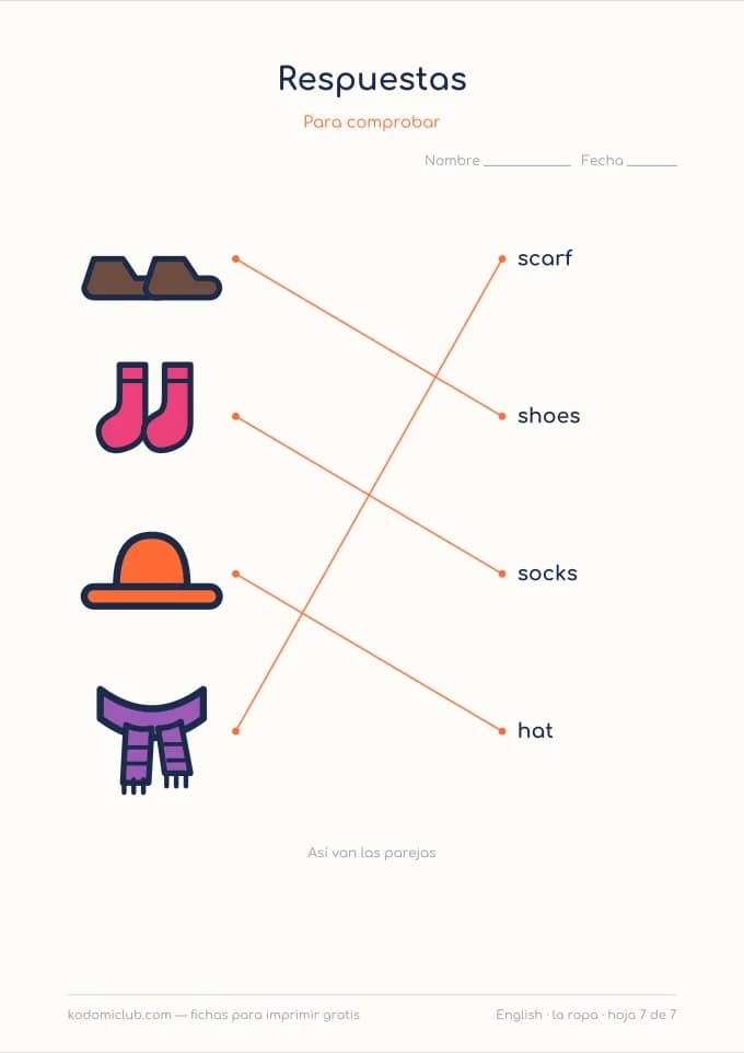 La ropa en inglés, hoja 7