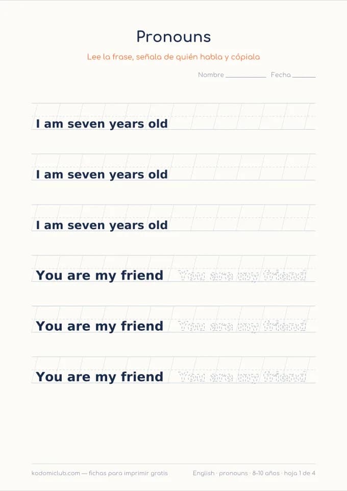 Los pronombres en inglés. Ficha para imprimir, 8–10 años