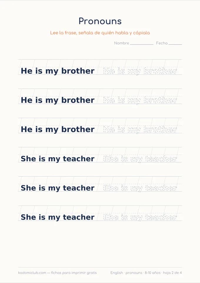 Los pronombres en inglés, hoja 2