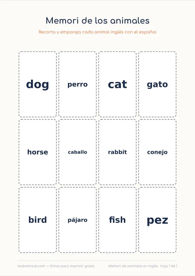 Memori de los animales en inglés. Ficha para imprimir, 6–9 años
