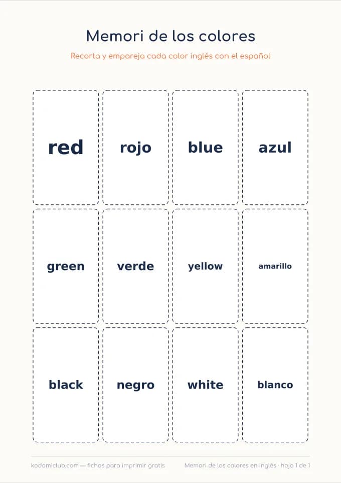 Memori de los colores en inglés. Ficha para imprimir, 6–9 años
