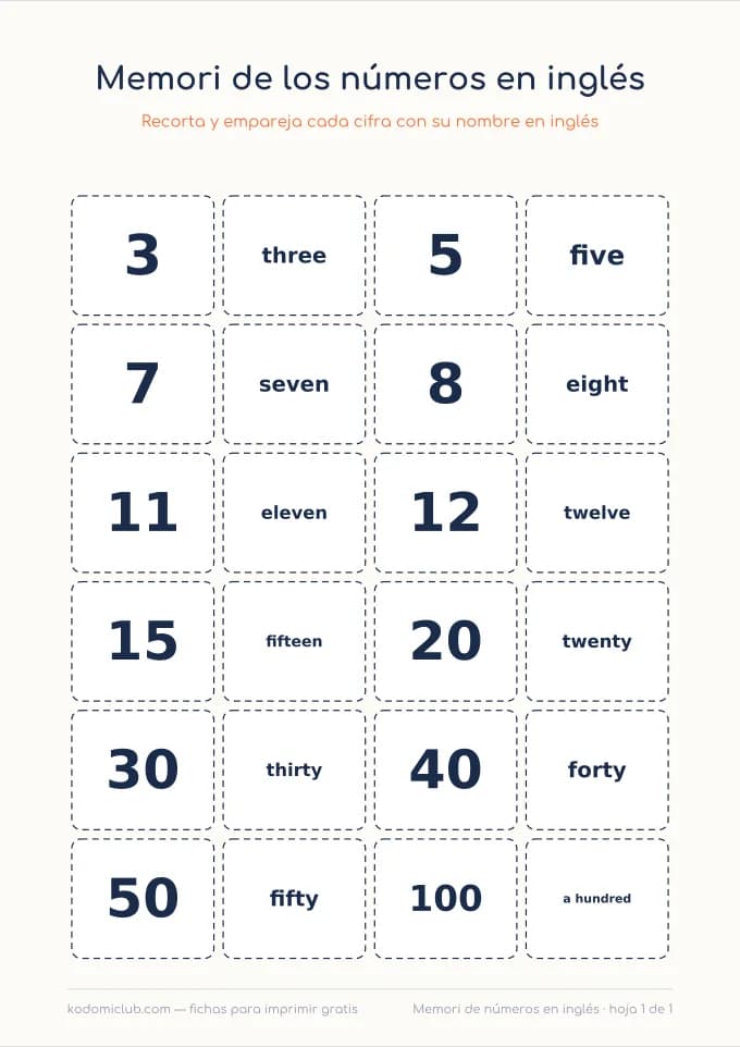 Memori de los números en inglés. Ficha para imprimir, 6–9 años