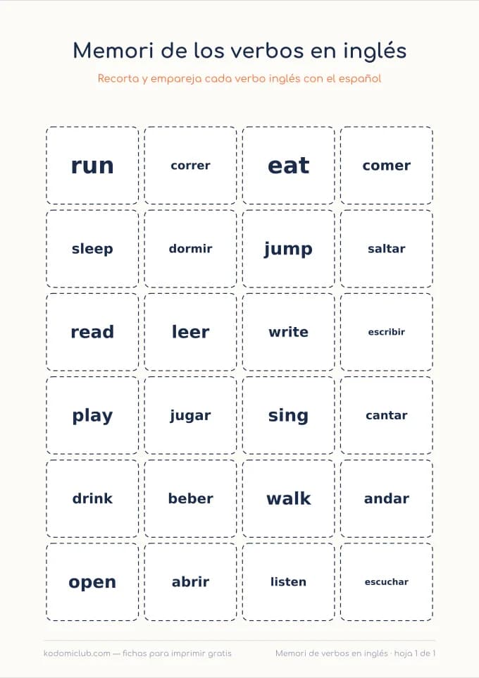 Memori de los verbos en inglés. Ficha para imprimir, 7–10 años