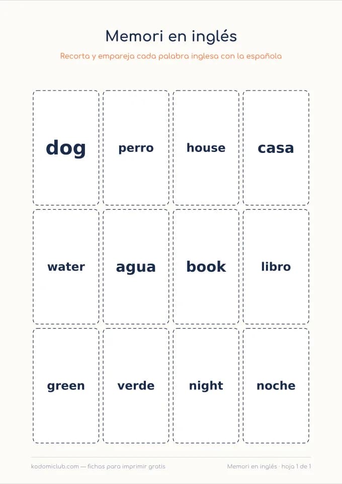Memori de palabras en inglés. Ficha para imprimir, 6–9 años