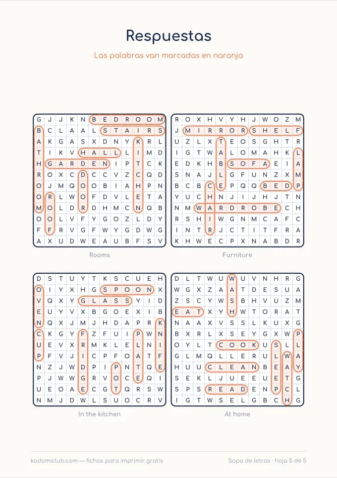 Sopa de letras de la casa en inglés, hoja 5
