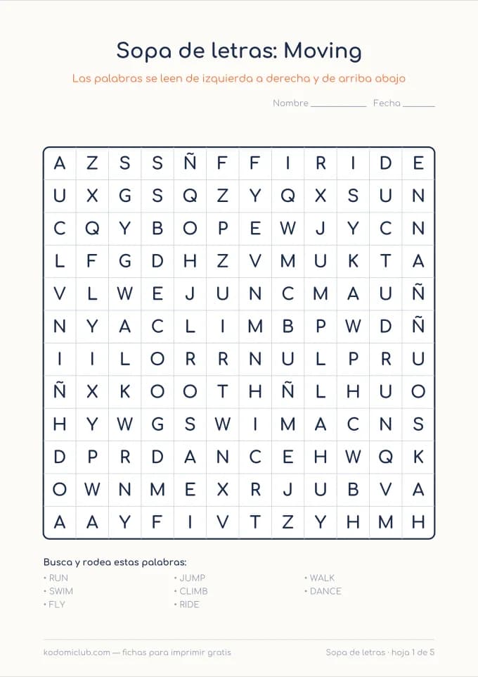 Sopa de letras de los verbos en inglés. Ficha para imprimir, 8–9 años